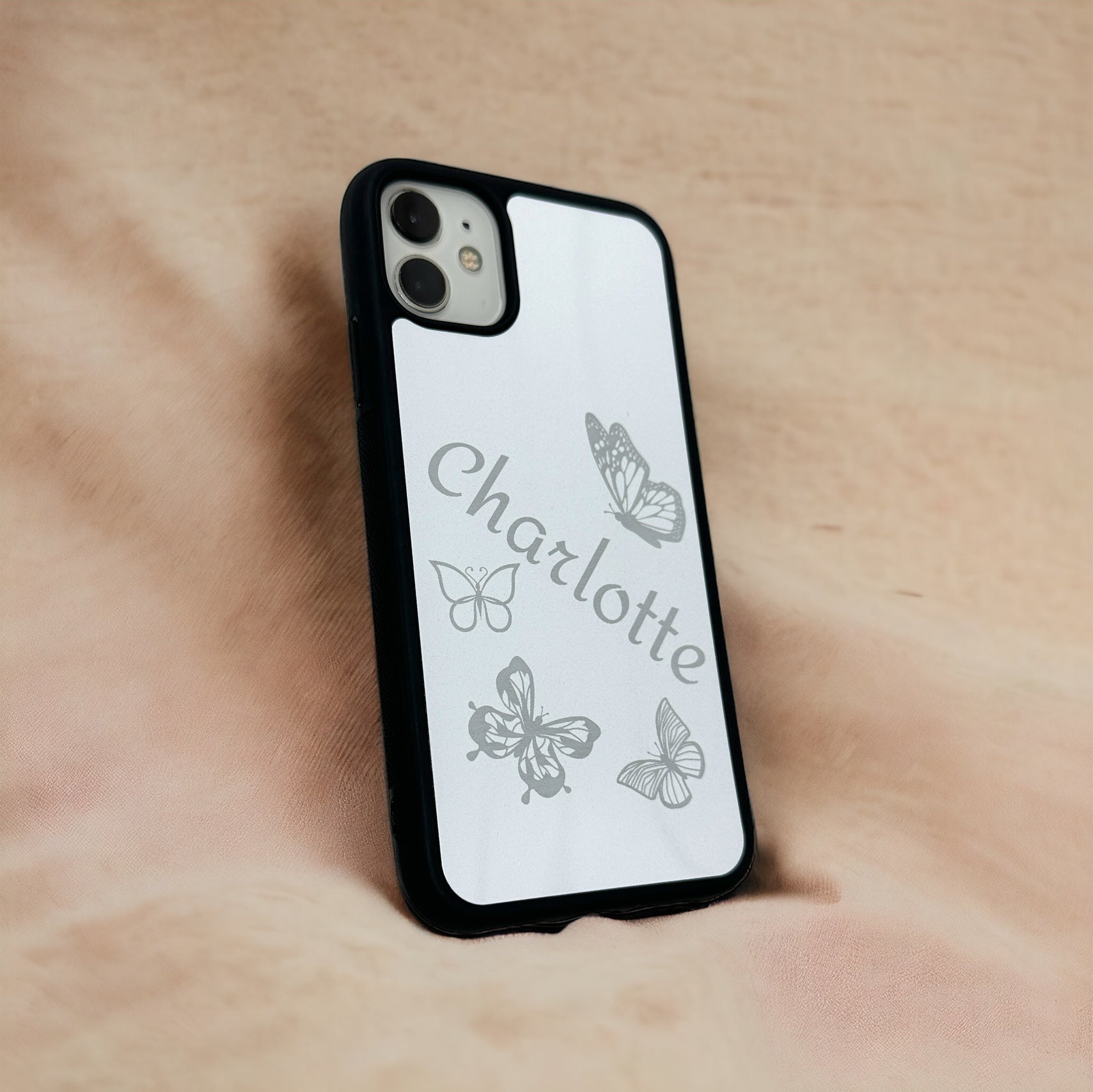 iPhone personalised case with name and butterfly pattern